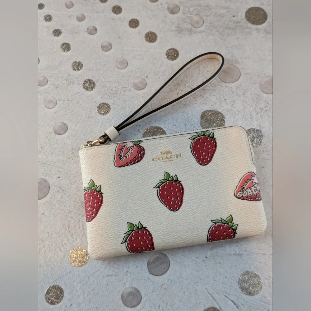 3pc Coach Beige Coated Canvas Strawberry Tote & Matching Wristlet/ Charm🍓 - Picture 13 of 16